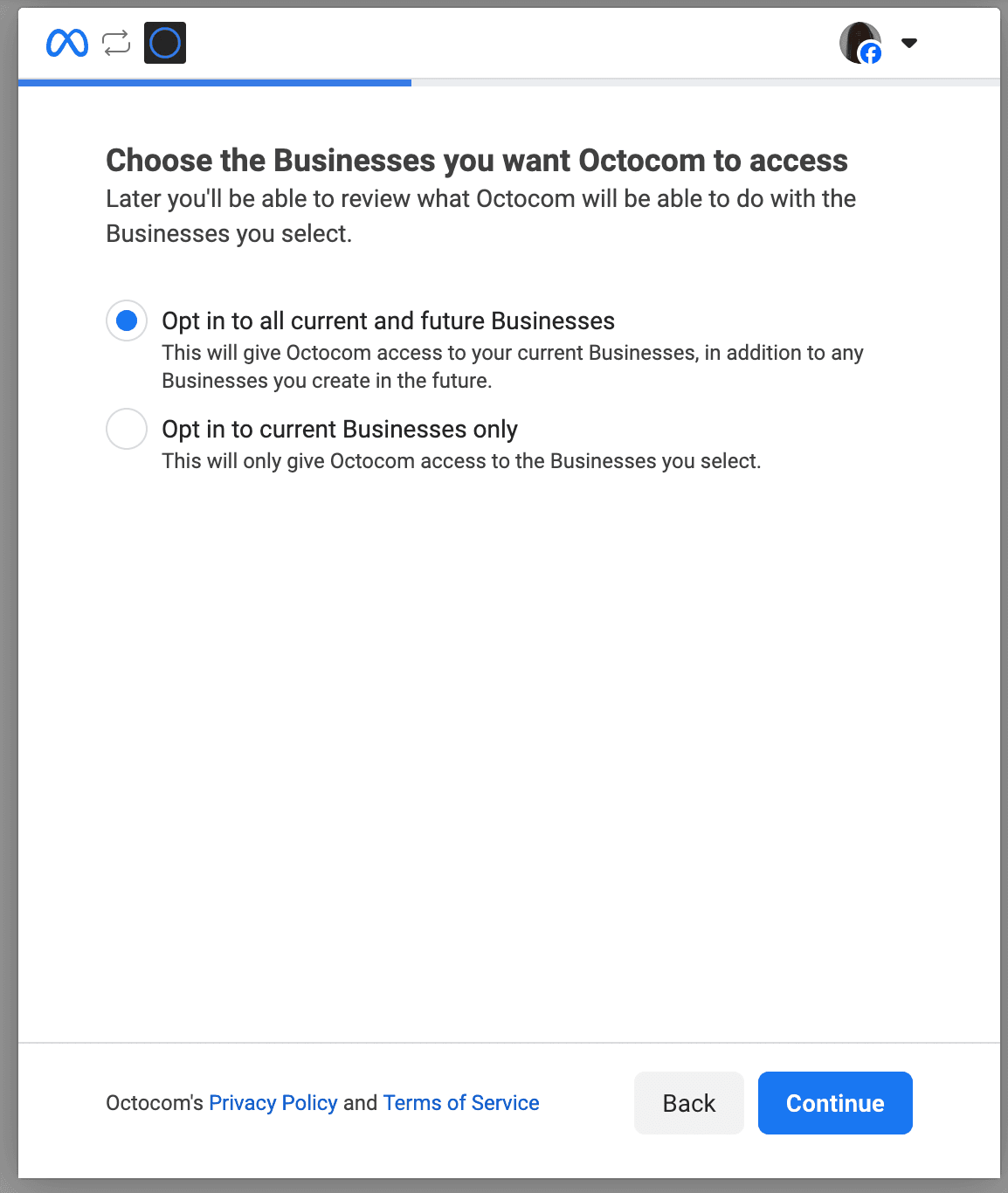 Choose the Businesses you want Octocom to access