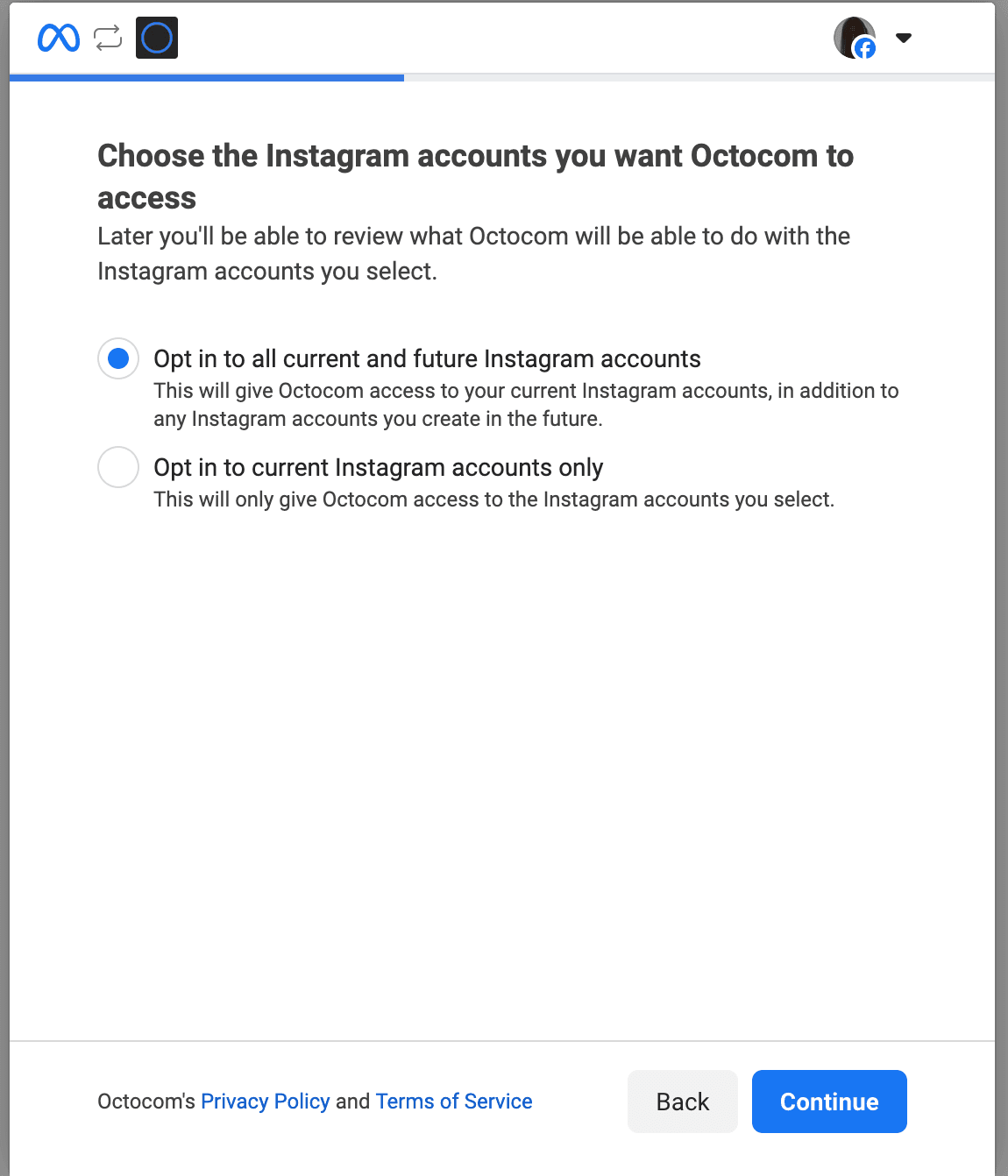 Choose the Instagram accounts you want Octocom to access