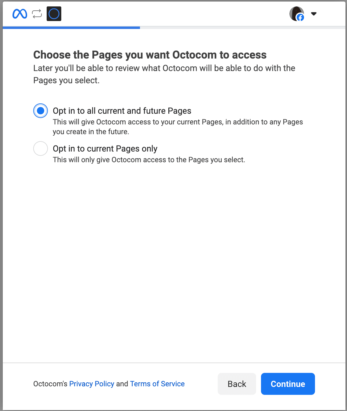 Choose the Pages you want Octocom to access