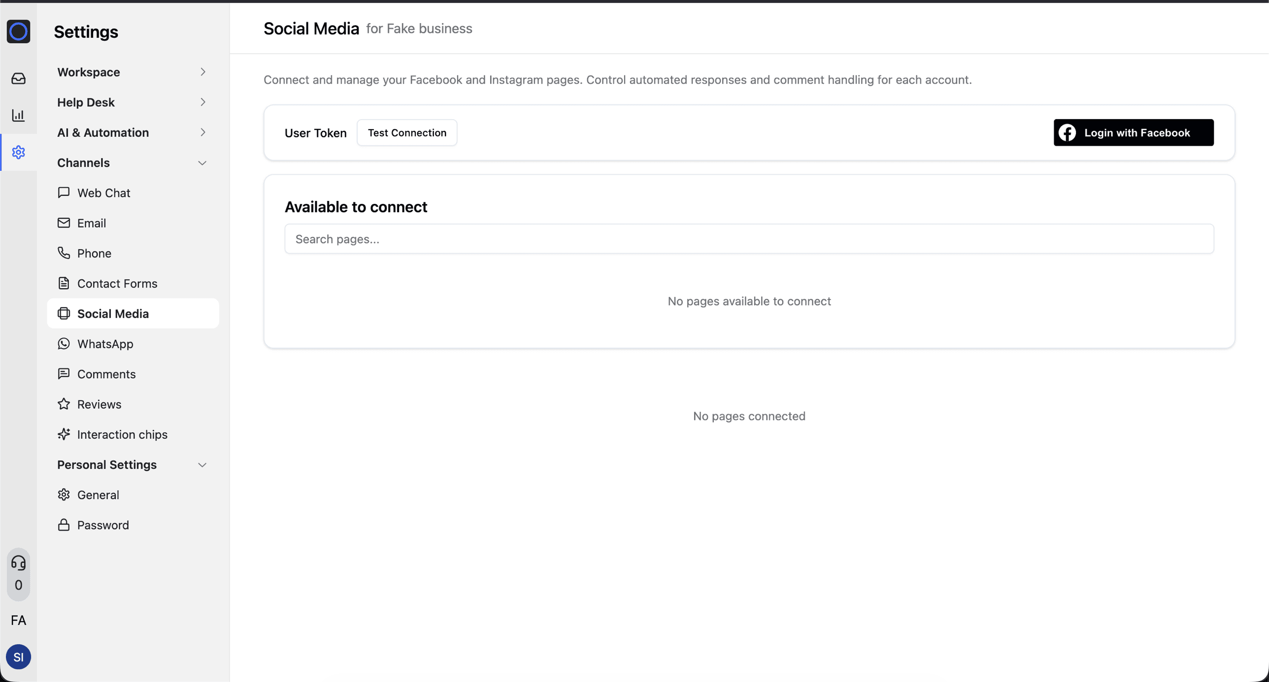 Social Media settings page