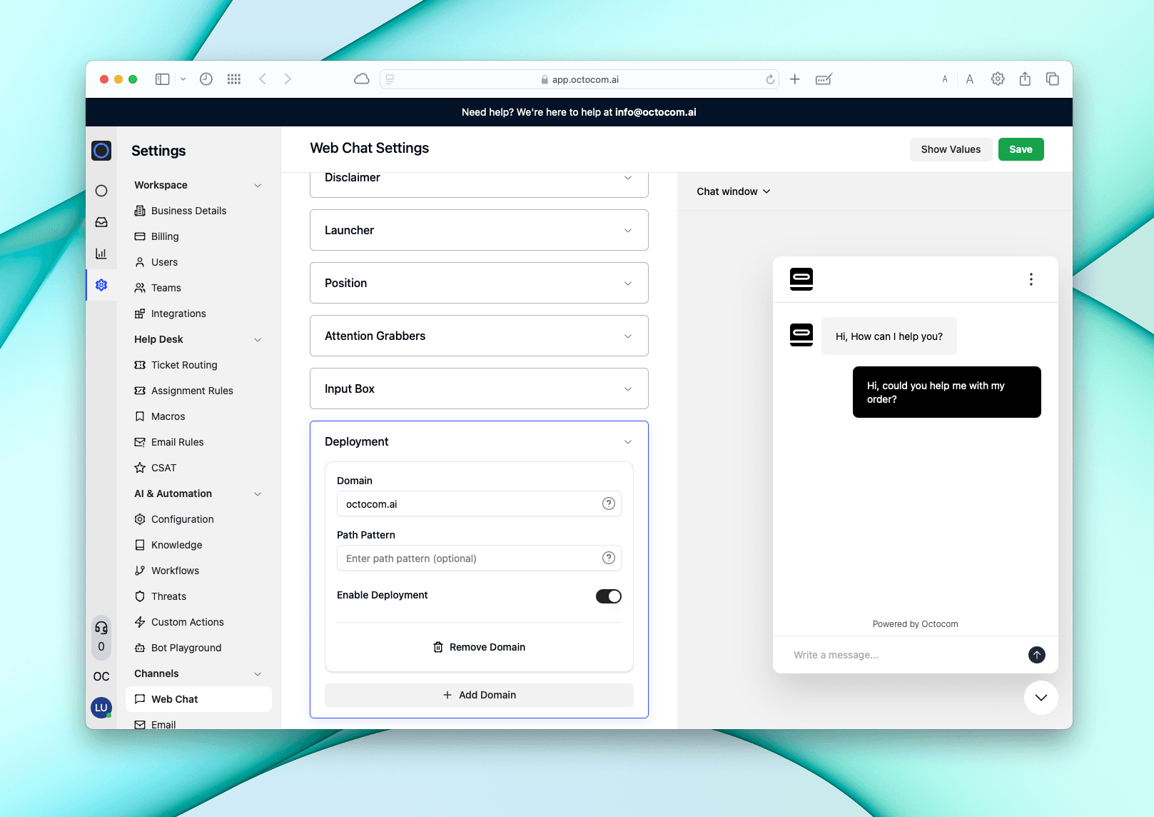Octocom web chat settings